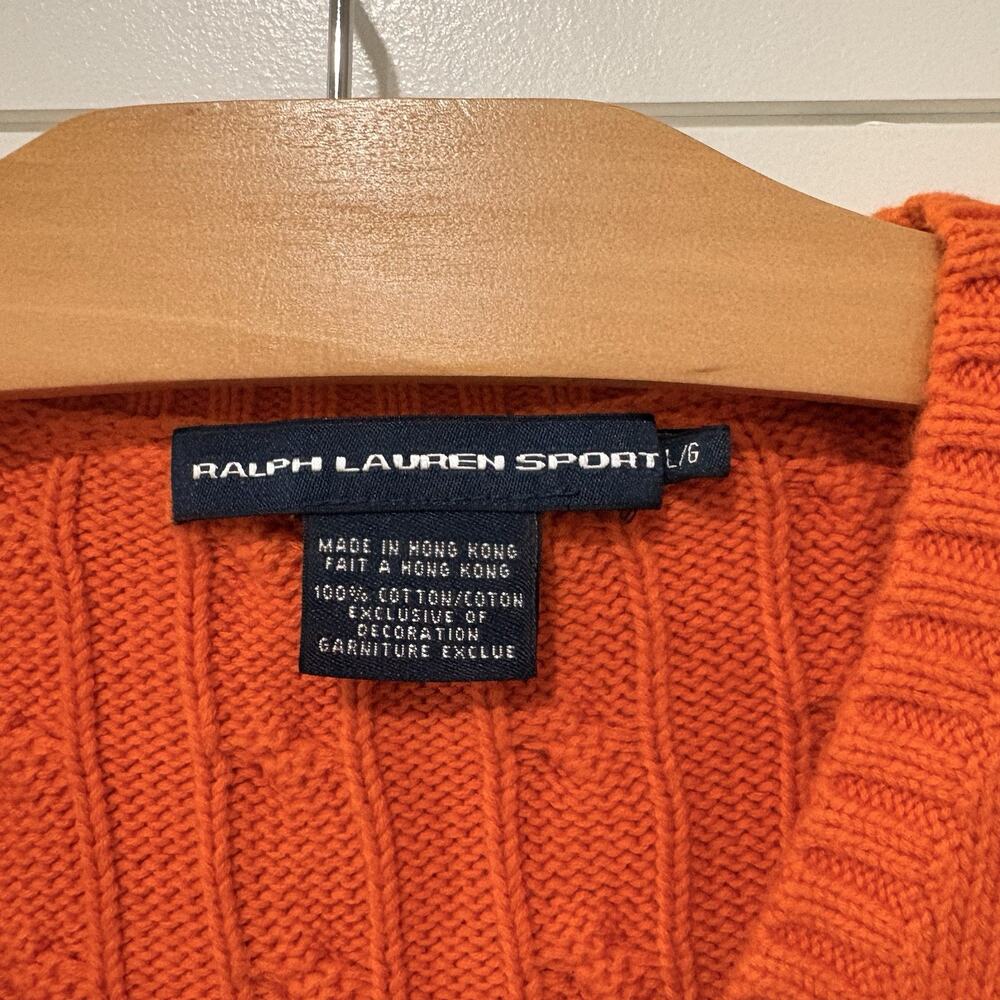 Ralph Lauren Sport | Sweater Orange Pullover V Neck Cableknit Preppy- Large - Picture 5 of 7